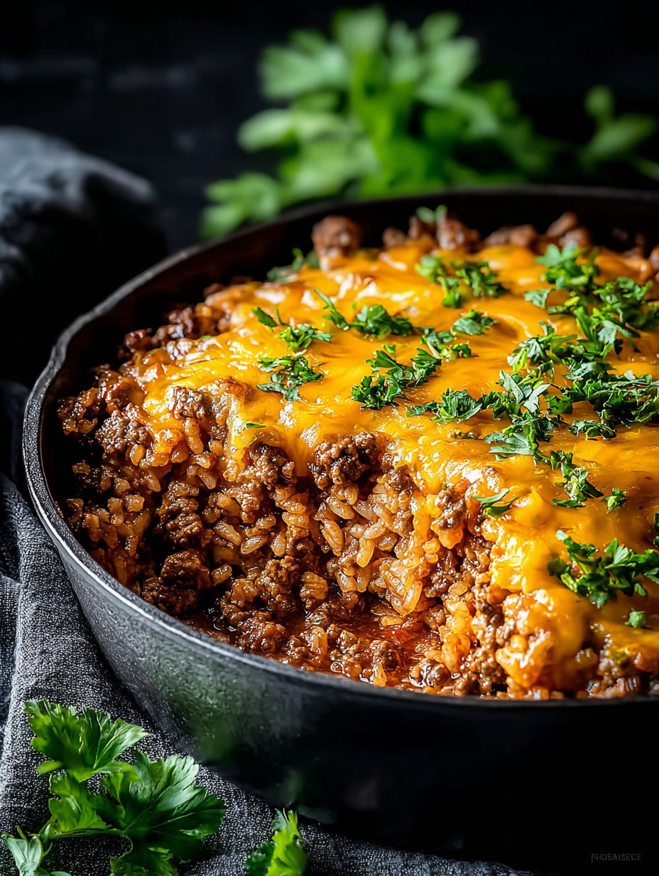 Käsiger Hackfleisch-Reis-Auflauf in einer schwarzen Form.