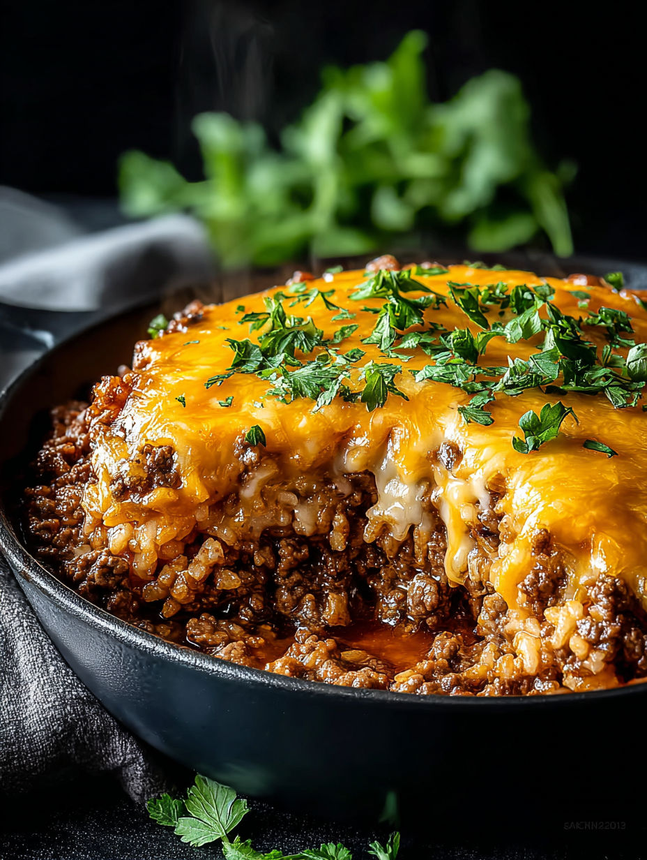 Käsiger Hackfleisch-Reis-Auflauf mit Frühlingszwiebeln oben drauf.