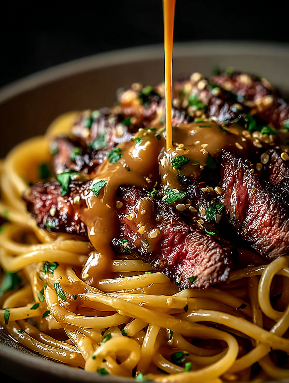 Ein nahes Bild von einem Steak mit Knoblauchbutter obendrauf.