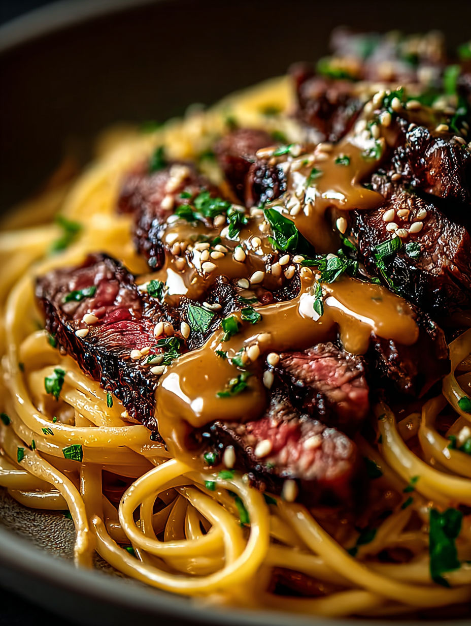 Ein Teller mit Steak, Knoblauchbutter und Blitznudeln.