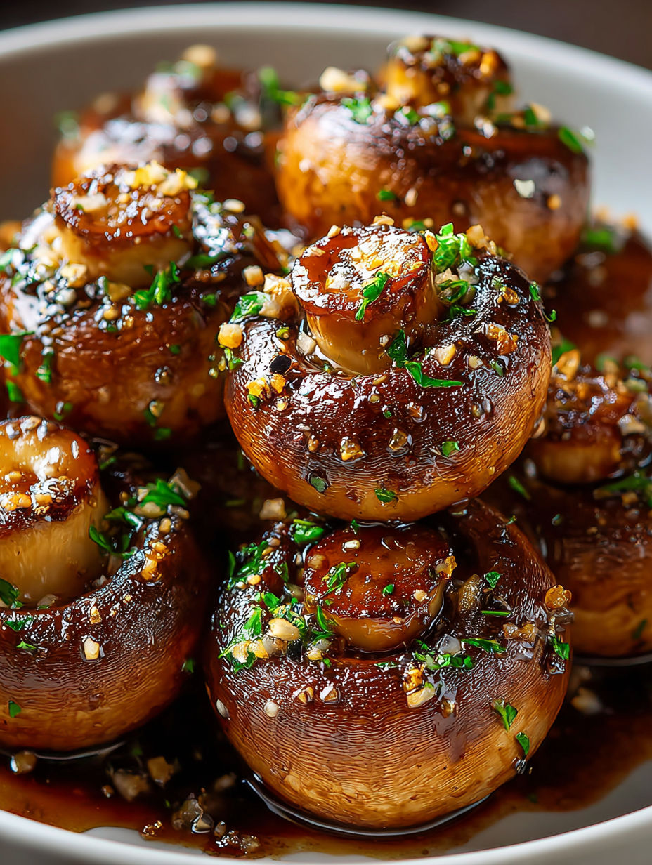 Nahaufnahme von Knoblauch-Butter-Pilzen.