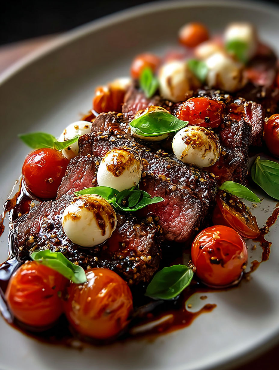 Gegrilltes Flank Steak mit Tomaten und Käse