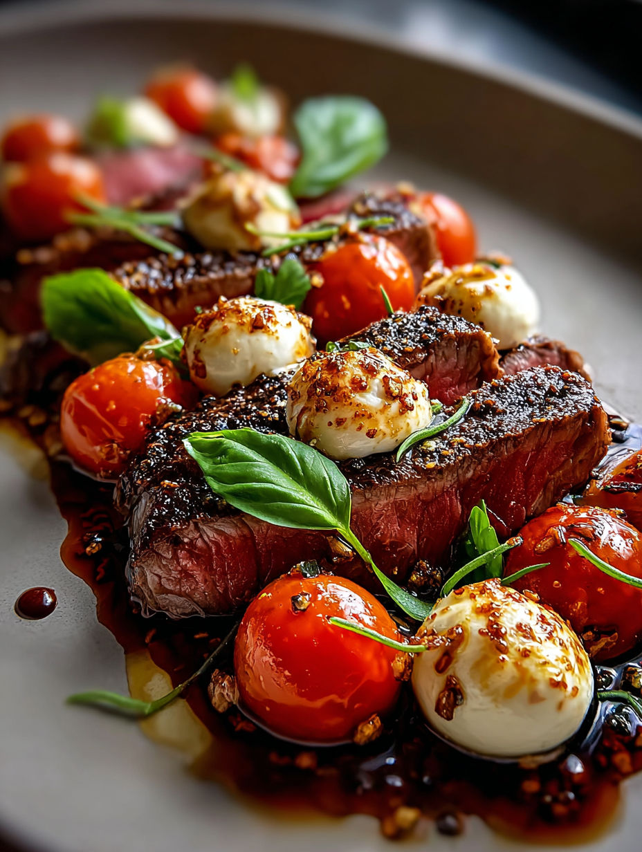 Gegrilltes Flanksteak mit Tomaten und Käse.
