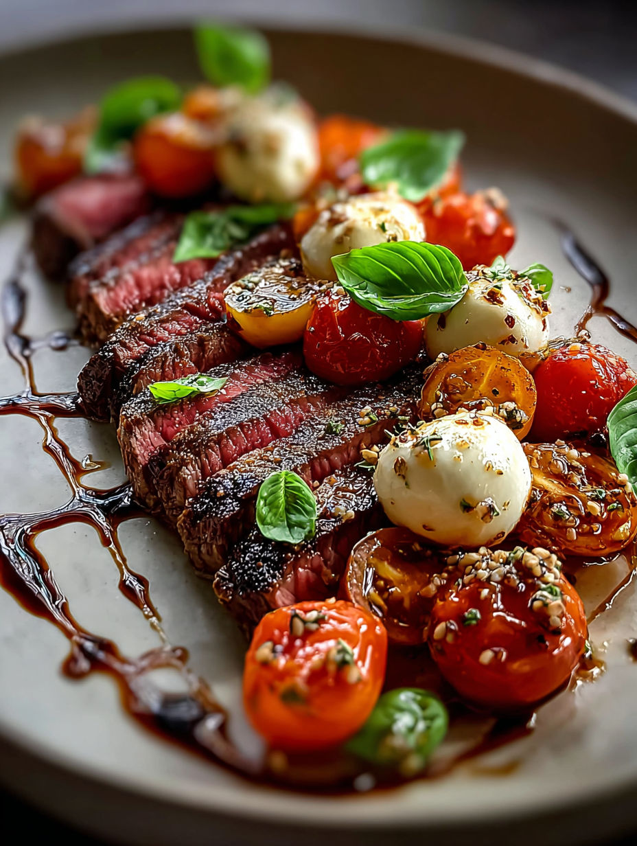 Gegrilltes Flanksteak mit Tomaten und Käse.