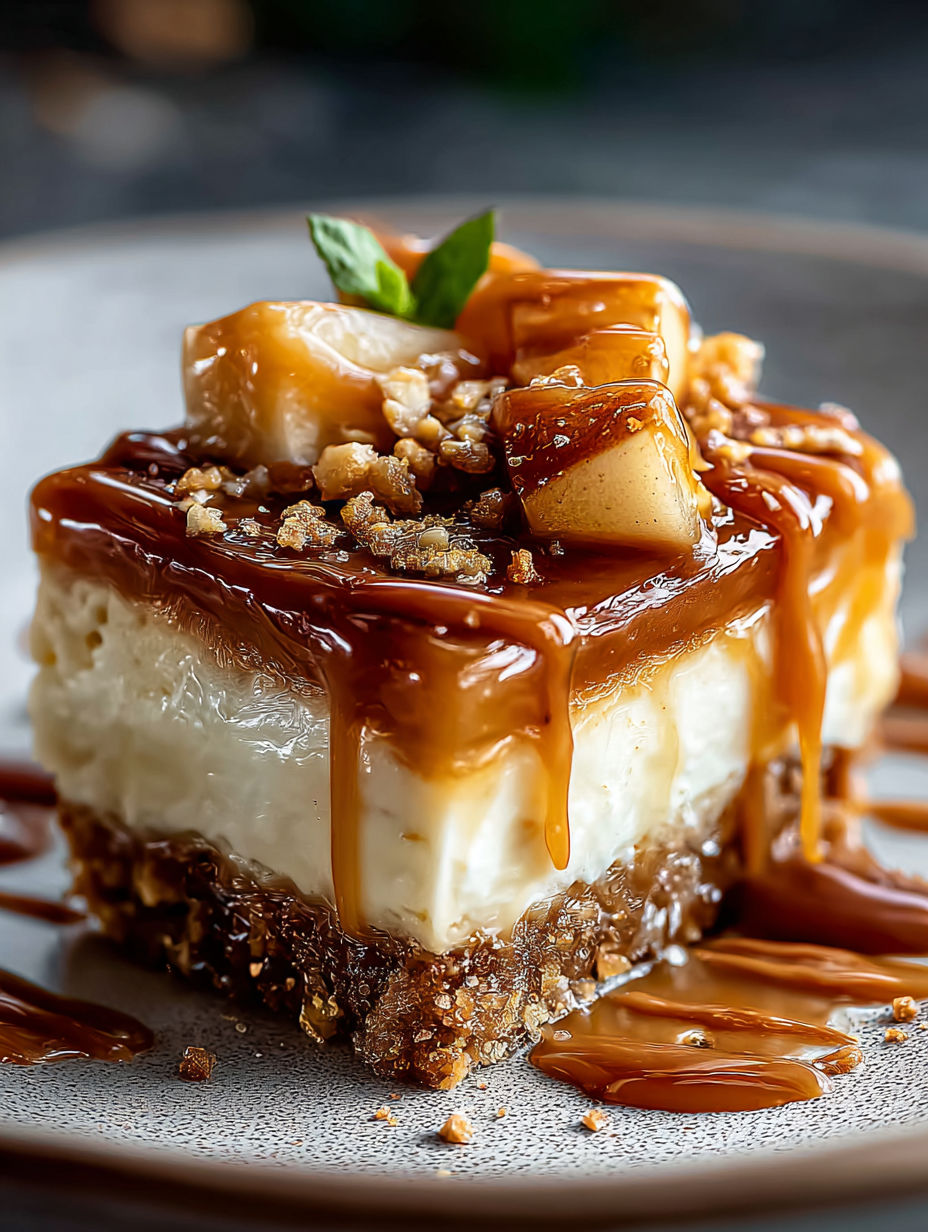 Ein Stück Karamell Apfel Cheesecake.