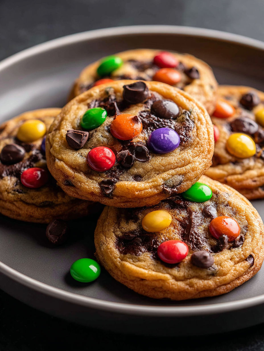 Ein Teller mit Schoko-Cookies, belegt mit bunten Süßigkeiten.
