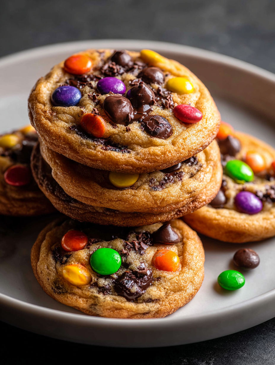 Ein Teller mit Cookies, Schokostückchen und bunten Bonbons darauf.
