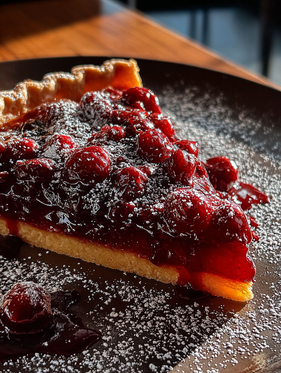 Ein Stück Cranberry-Orange-Creme-Tarte.