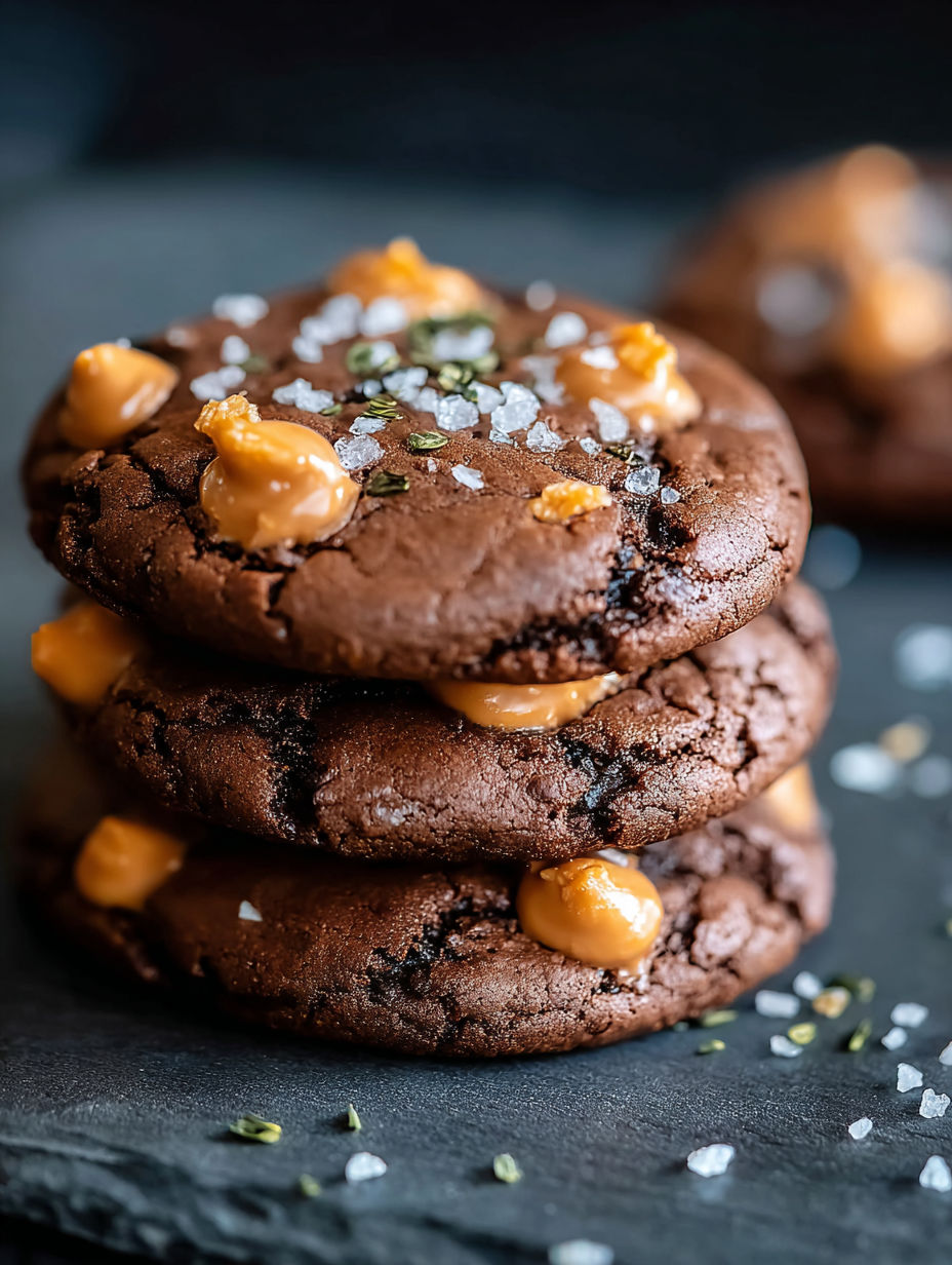 Drei geschichtete Schokoladenkekse mit Erdnussbutter und Salz.