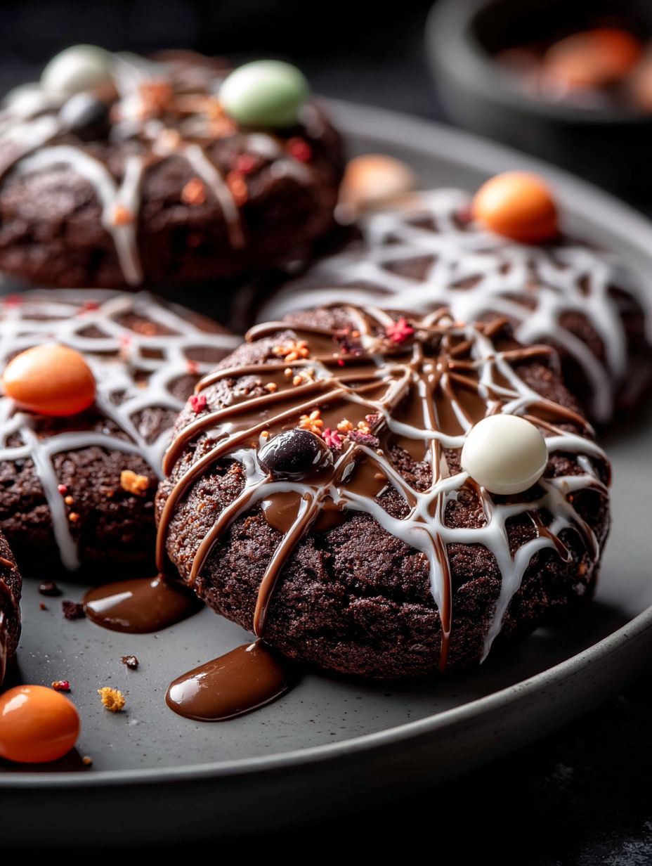 Schokokekse mit weißer Glasur und orangen Süßigkeiten.