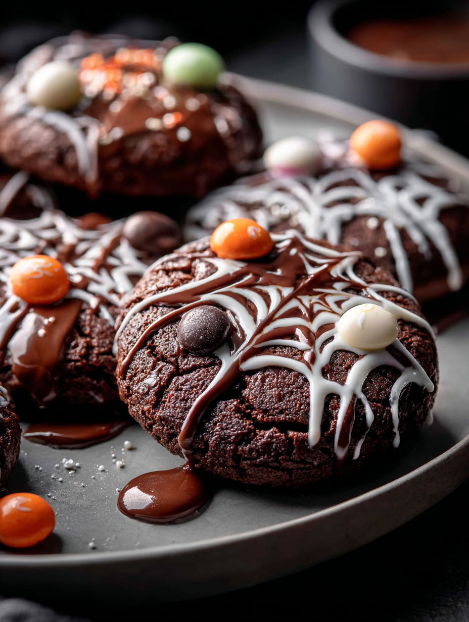 Schokokekse mit Spinnennetz-Muster und weißer sowie oranger Deko.