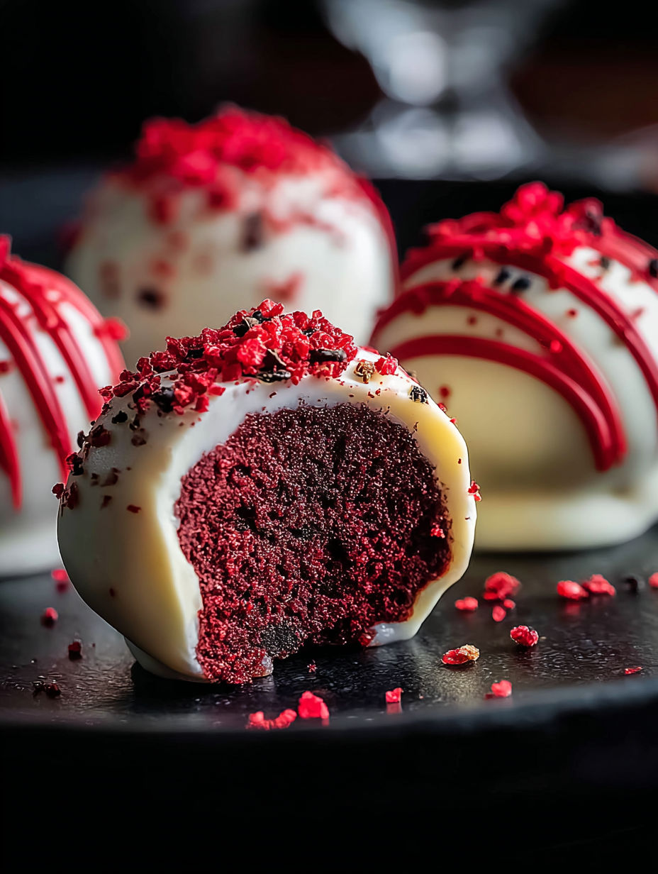 Rote Velvet Kugeln auf schwarzem Teller.