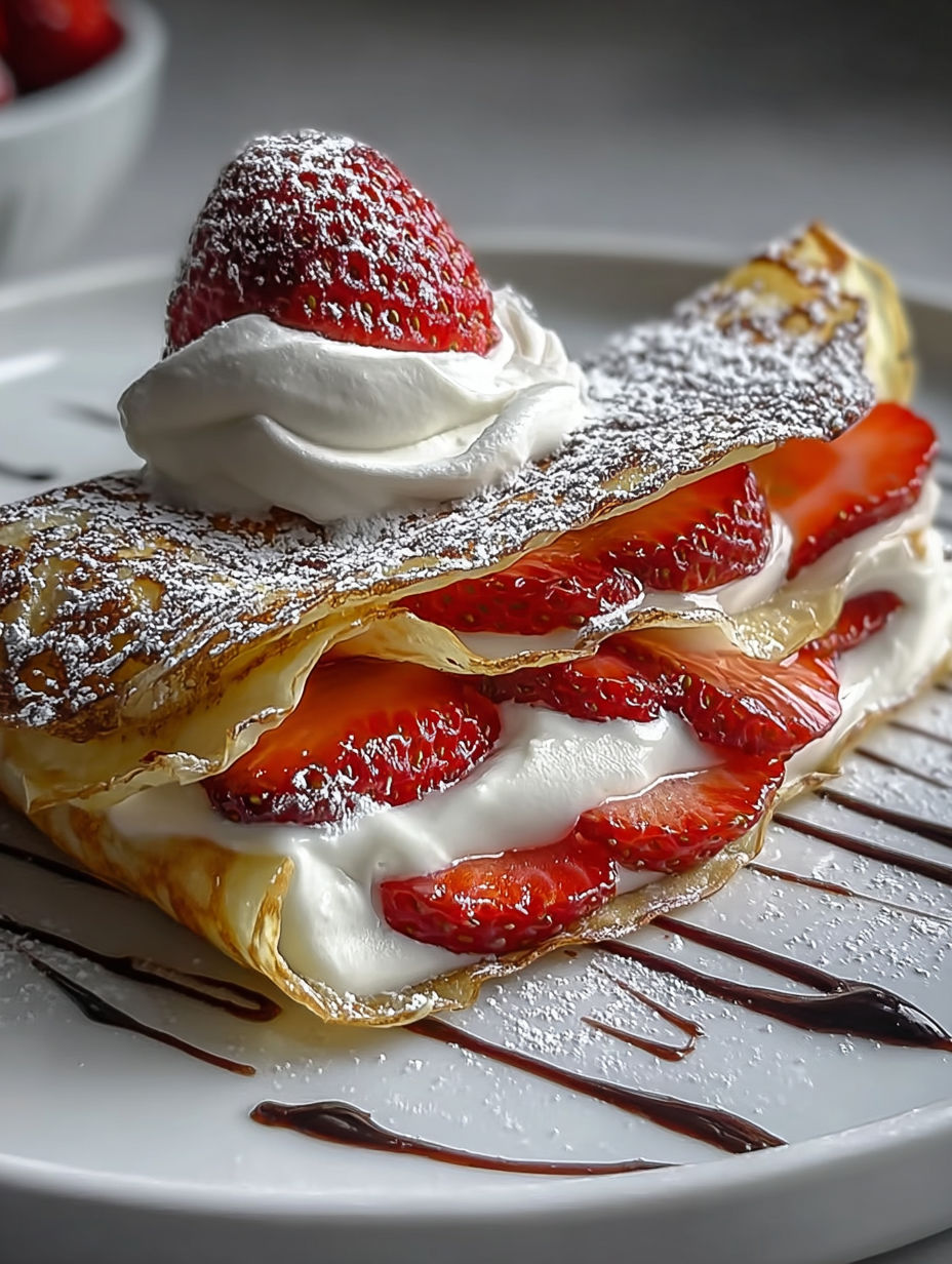 Ein cremiger Erdbeer-Crêpe mit Schlagsahne und Erdbeeren oben drauf.
