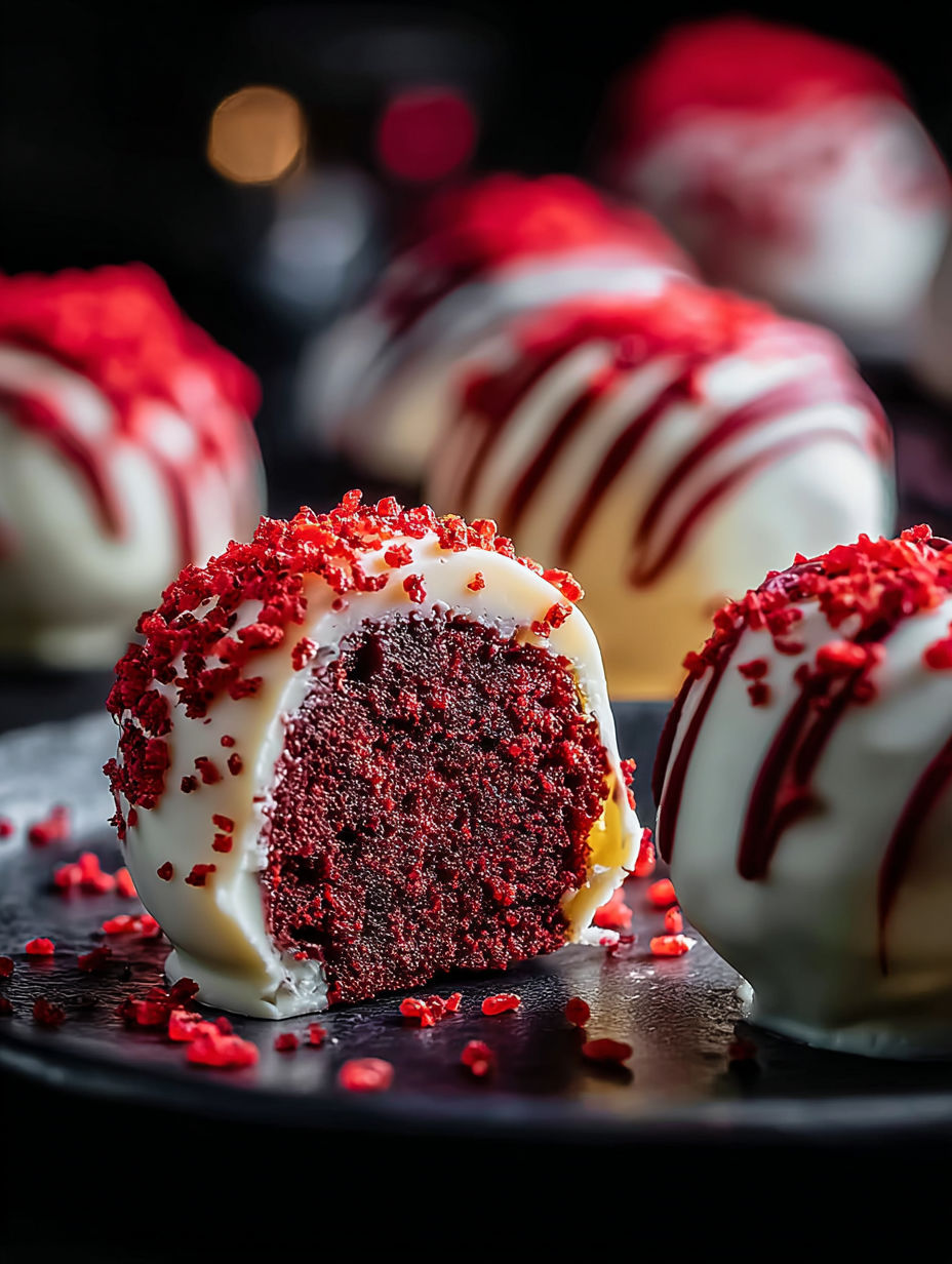 Rote-Velvet-Kuchenbällchen auf einem schwarzen Teller.