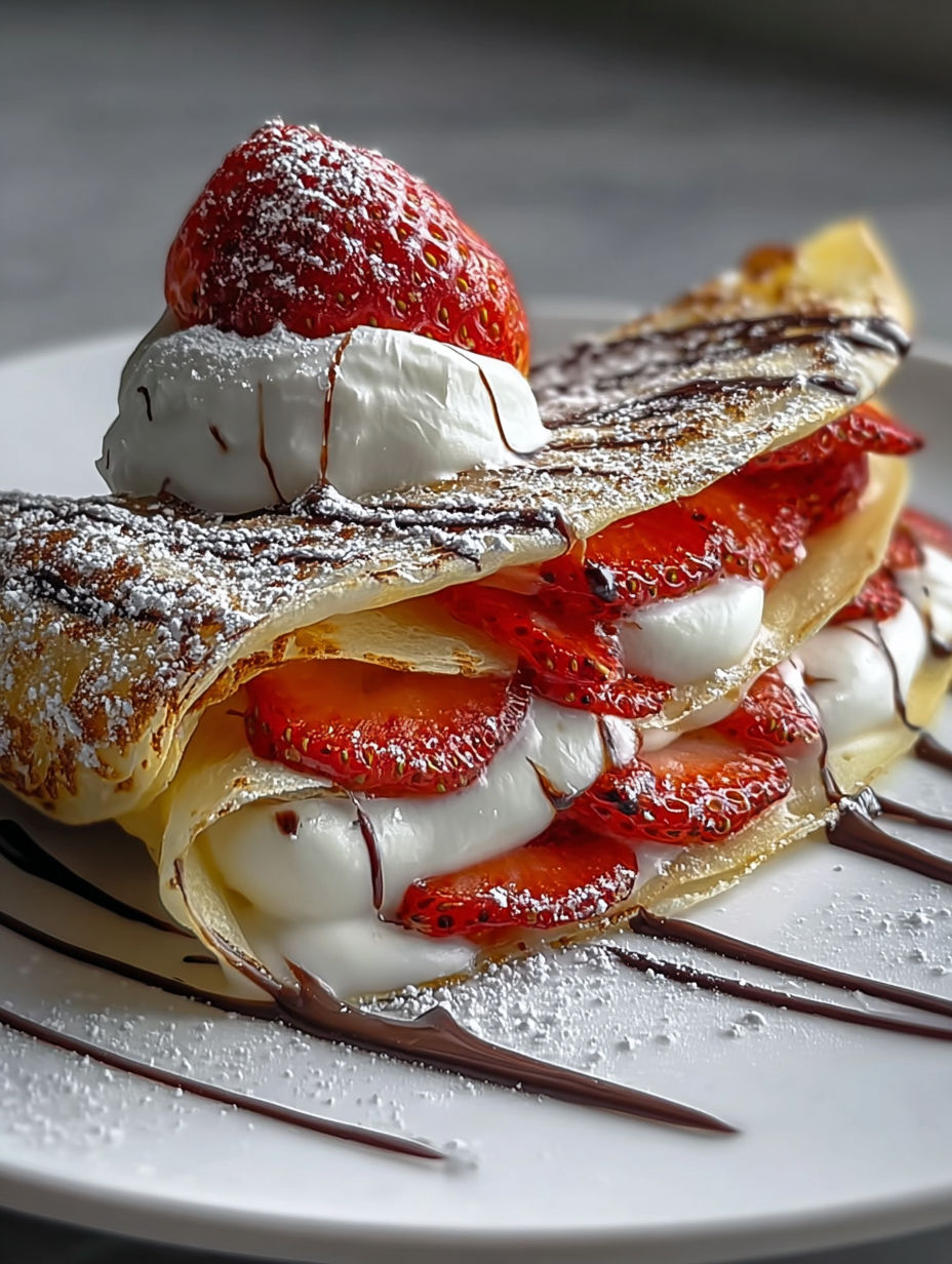 Ein cremiger Erdbeerpfannkuchen mit Schlagsahne und Schokosoße.