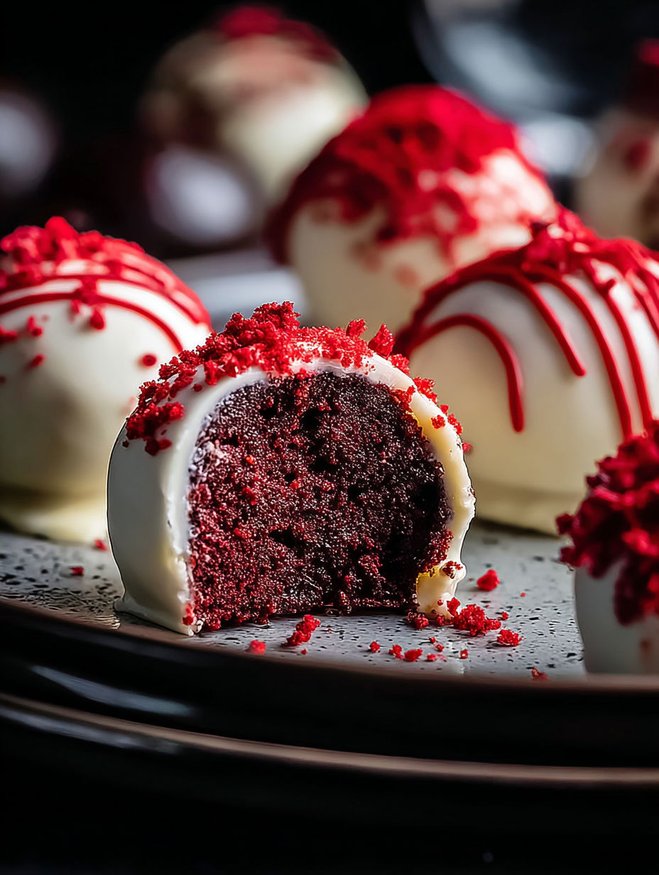 Rote-Velvet-Kuchenbällchen auf einem Teller.