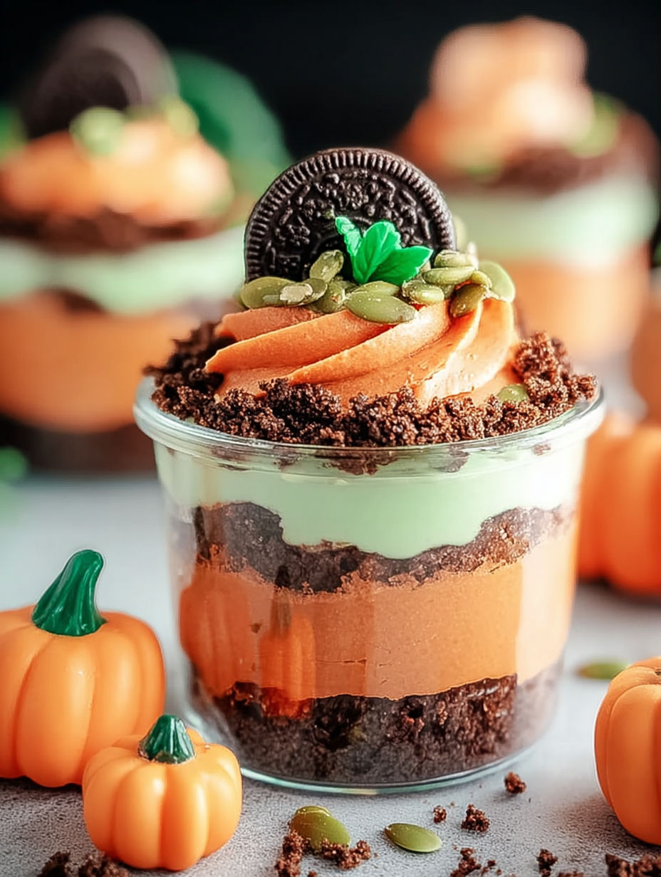 Ein Becher Kürbis Nachtisch mit Keks-Krümel-Topping.