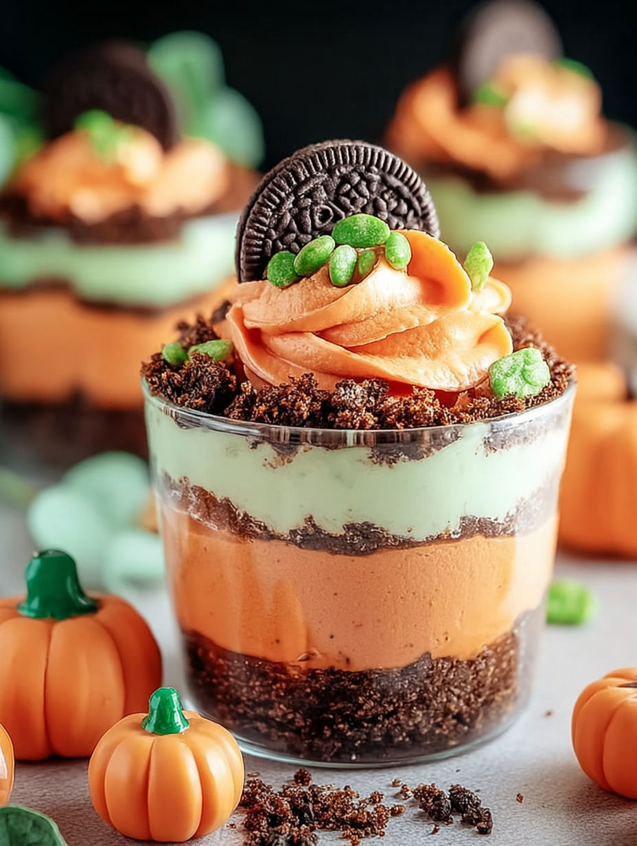 Ein Becher mit Kürbis-Schicht und Keks obendrauf.