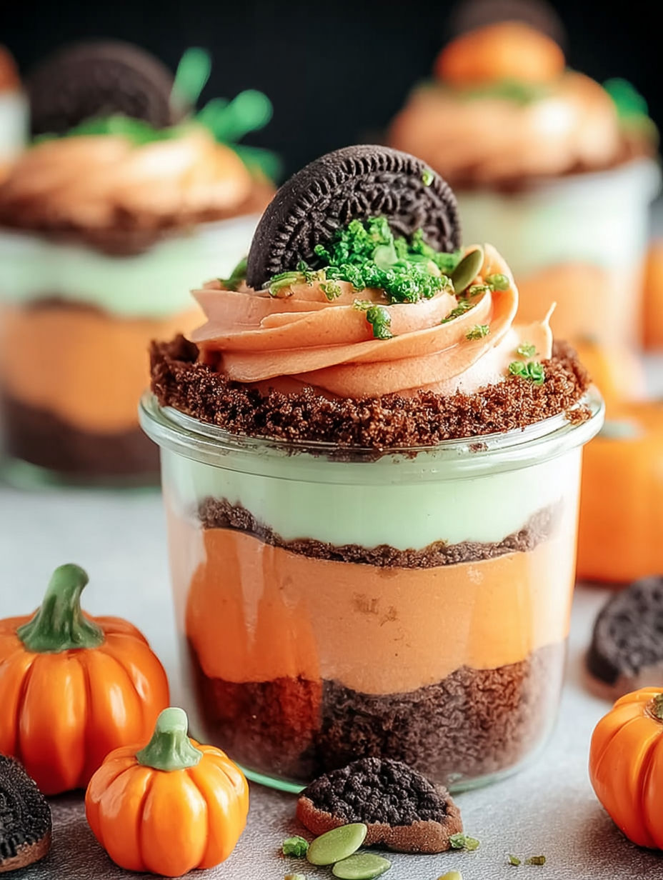 Ein Becher mit Kürbiskuchen und Keks obendrauf.