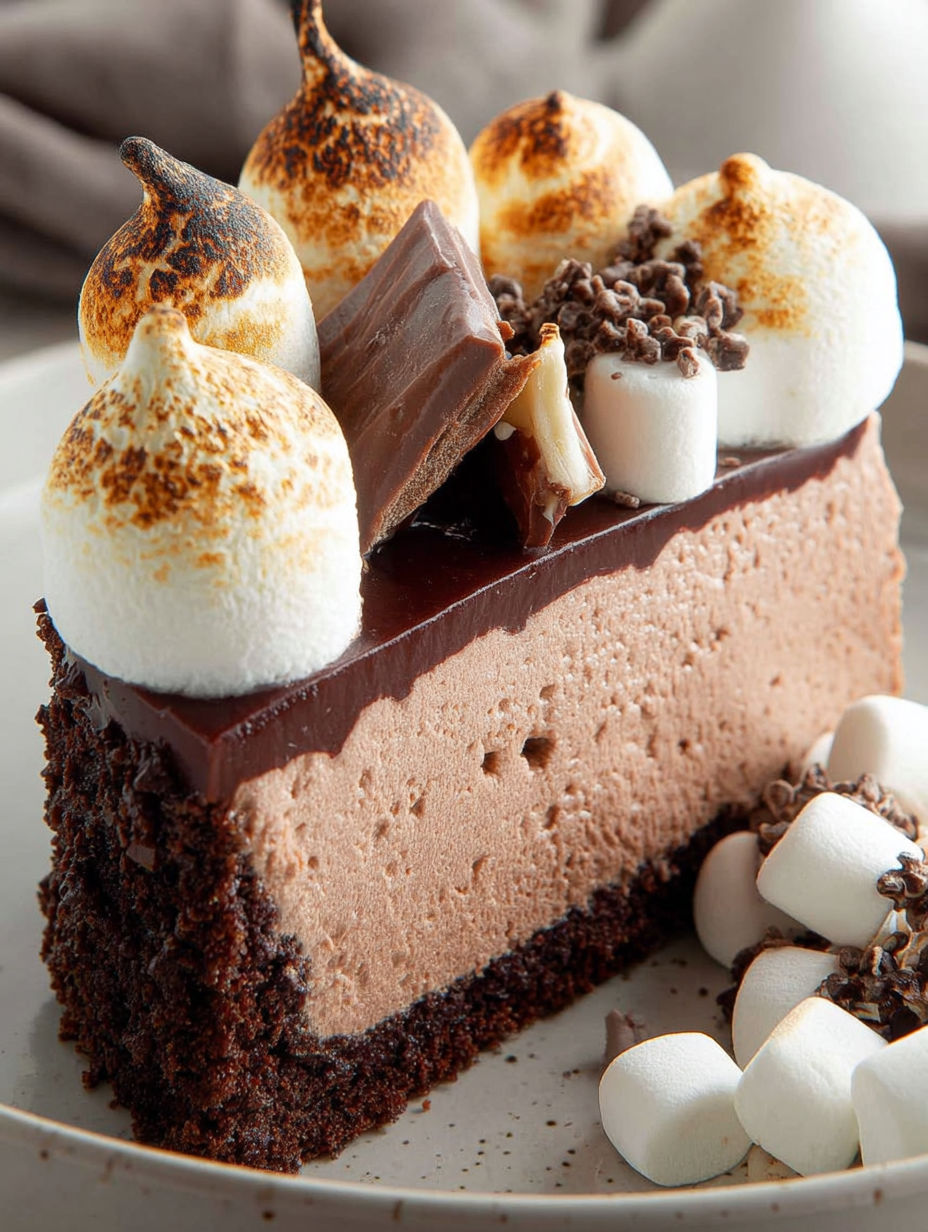 Ein Stück Schoko Käsekuchen mit Marshmallows obendrauf.