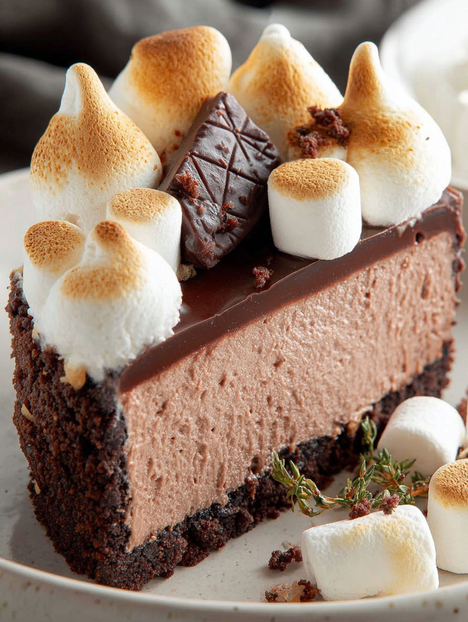 Ein Stück Schoko-Käsekuchen mit Marshmallows oben drauf.