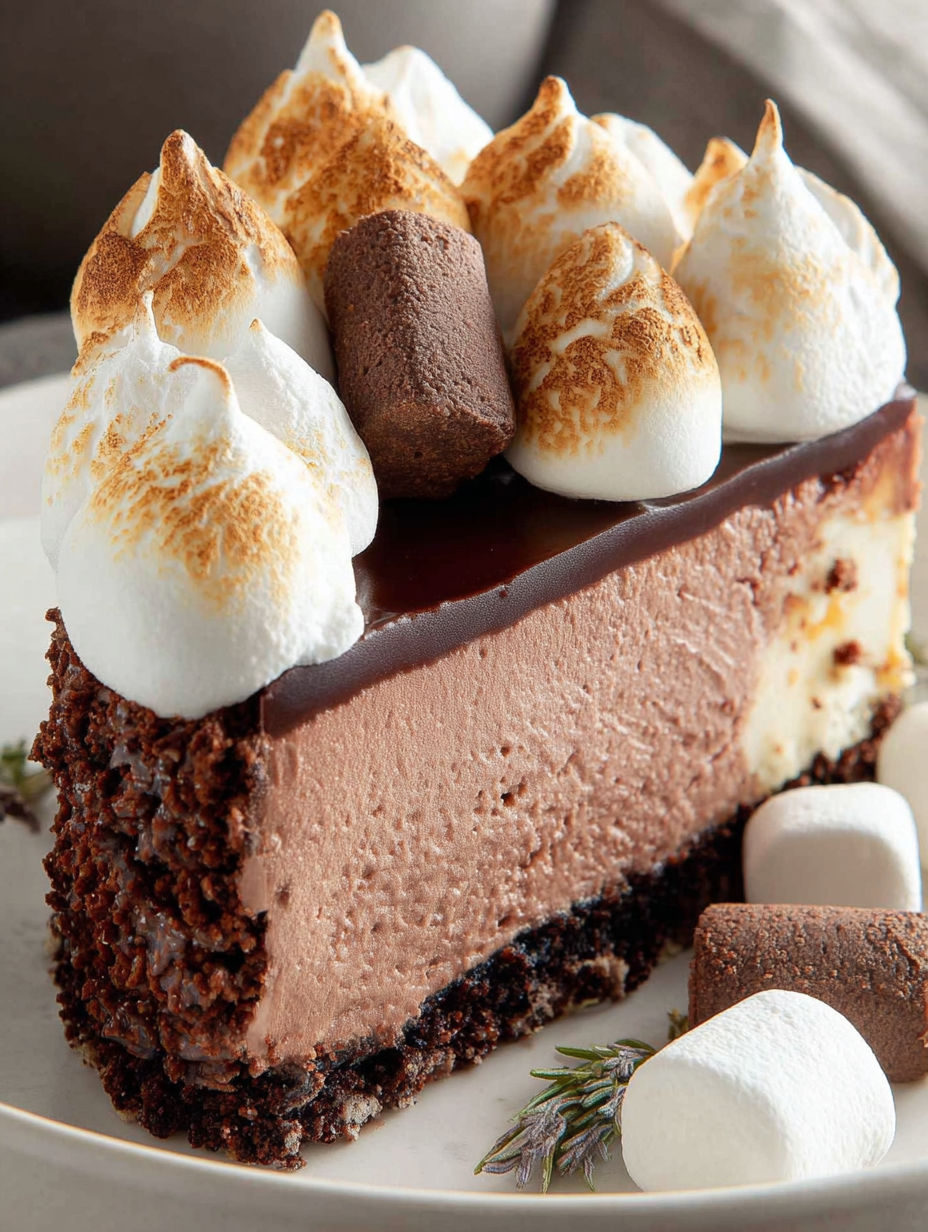 Ein Stück Schoko-Käsekuchen mit Marshmallows oben drauf.