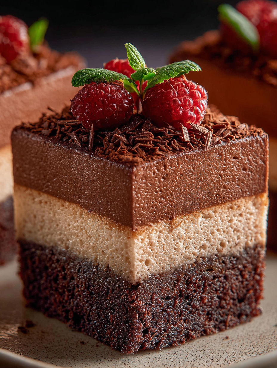 Ein Stück Schokomousse-Brownies mit Himbeeren obendrauf.