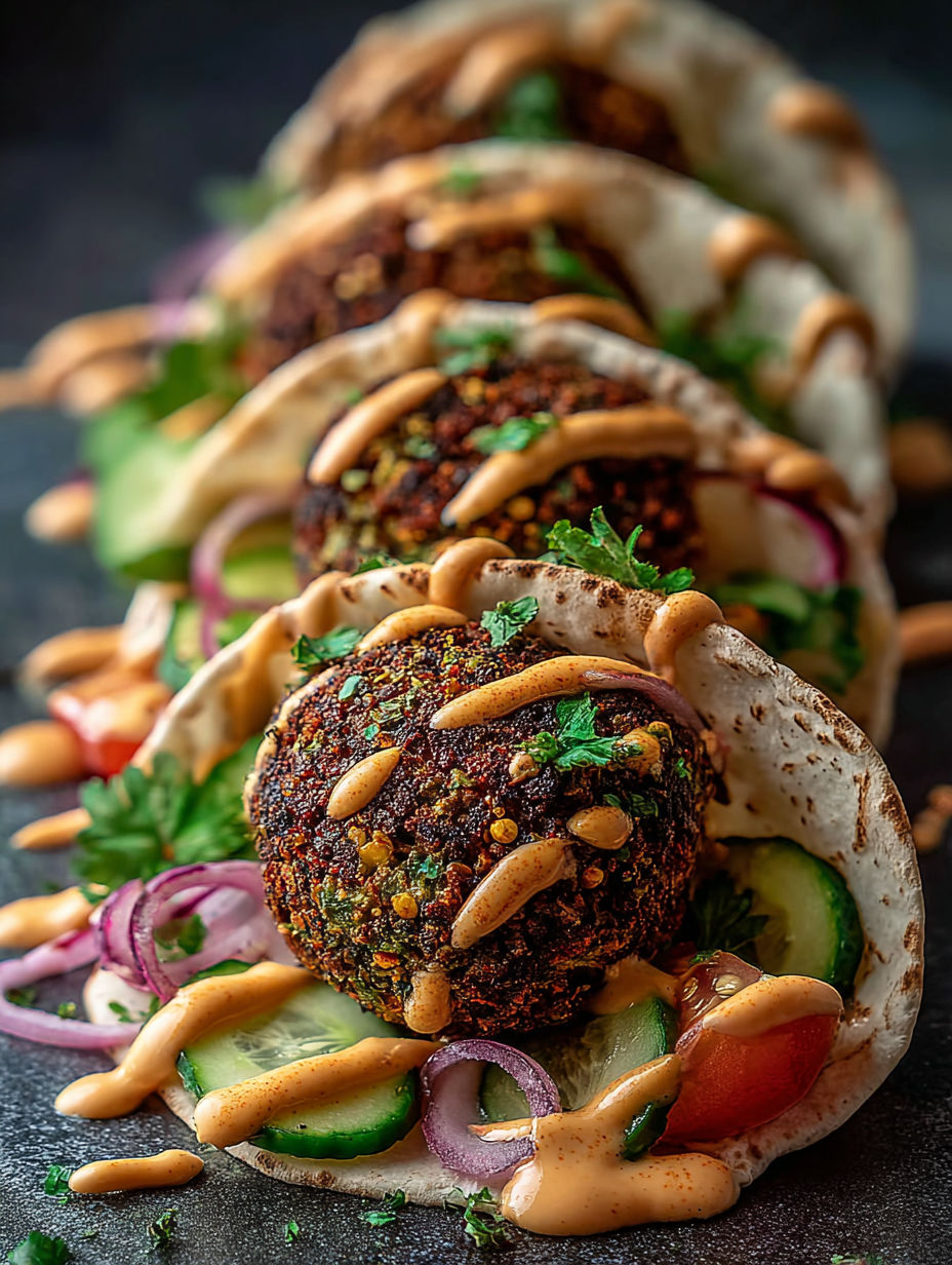 Kleine Falafel-Wraps mit Sauce und Gemüse.