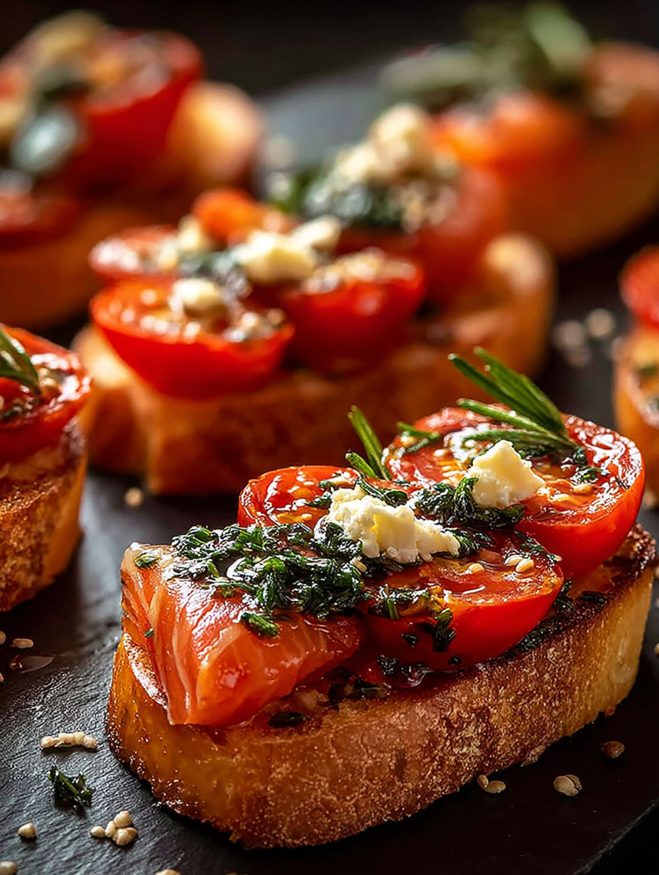 Ein Toast mit Tomaten und Basilikum oben drauf.