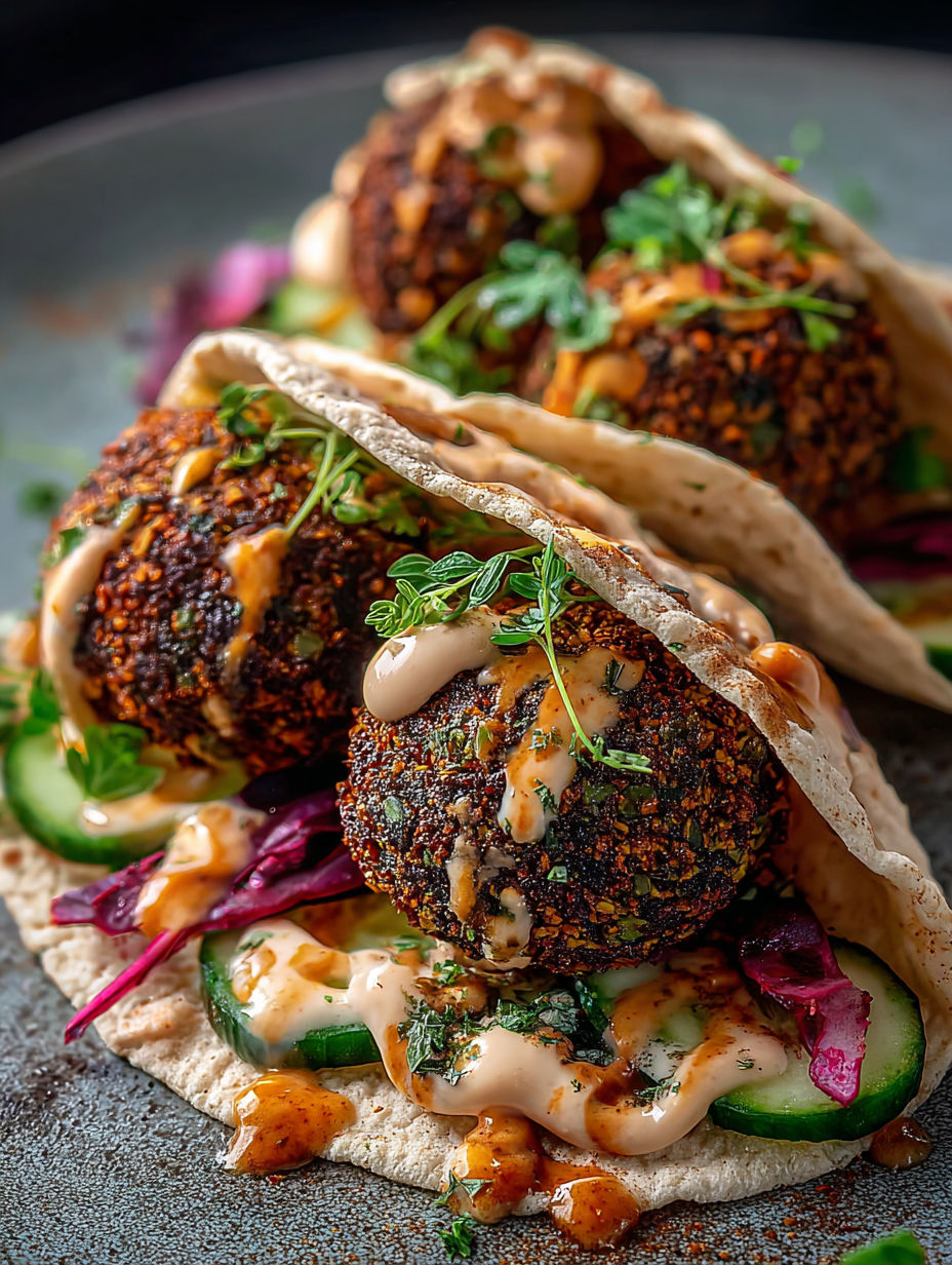 Kleine Falafel-Wraps mit Sauce und Gemüse.
