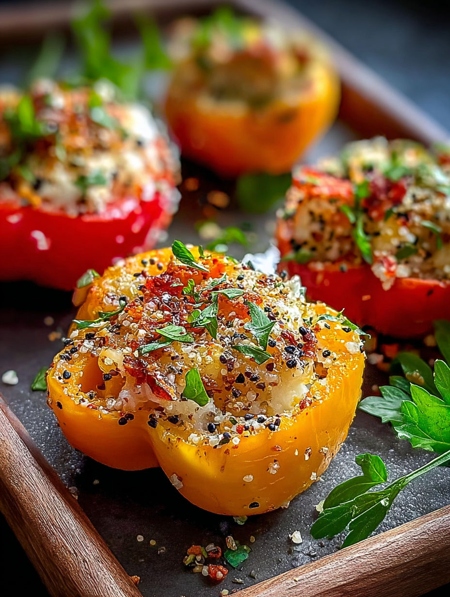 Ein Teller mit gefüllten Mini-Paprikaschoten.