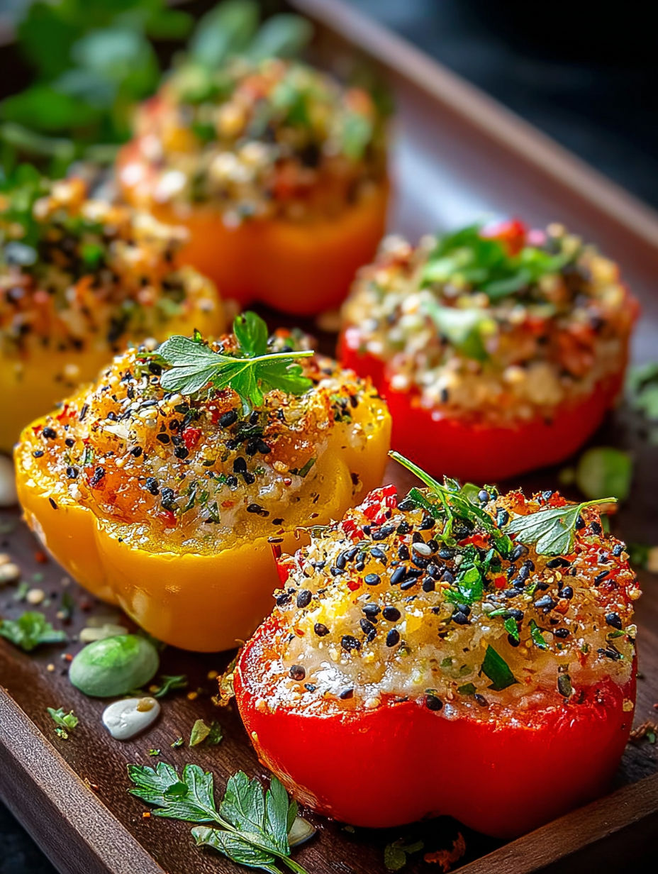 Vier gefüllte Mini-Paprika auf einem Holzbrett.