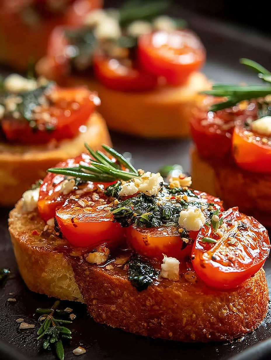 Ein Teller Crostini mit Tomaten und Basilikum.