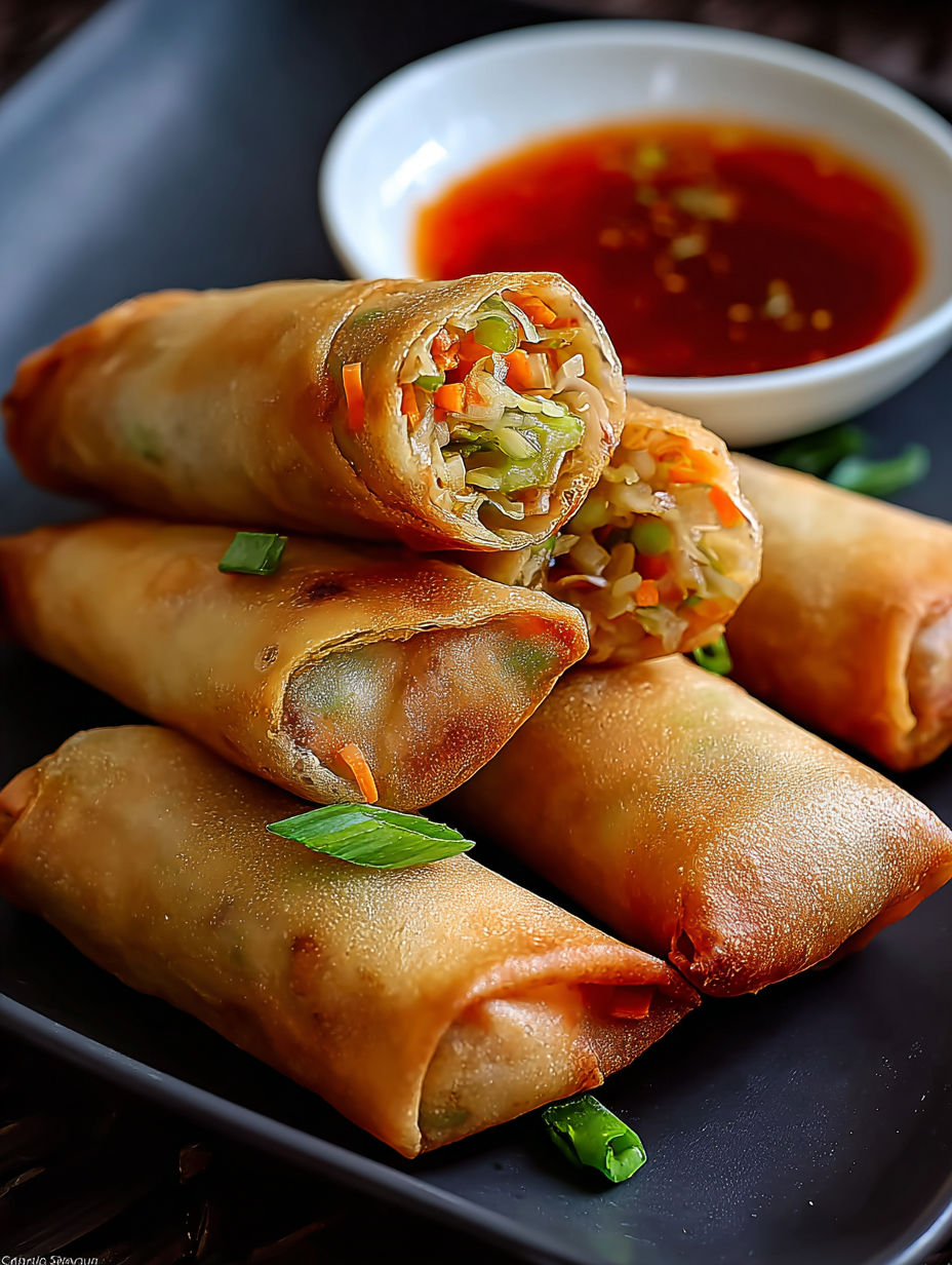 Ein Teller mit knusprigen Gemüse-Frühlingsrollen.