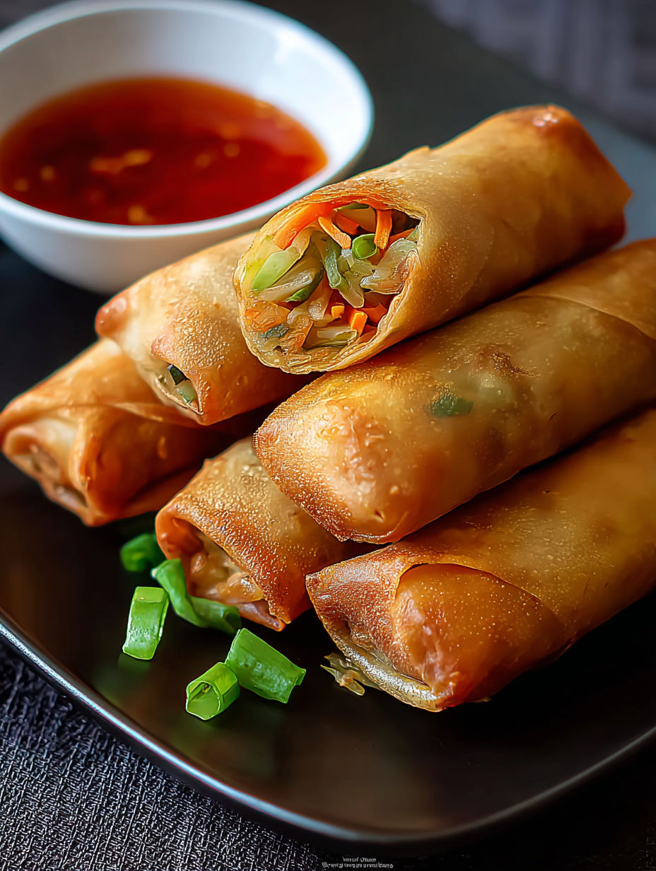 Ein Teller mit knusprigen Gemüse-Frühlingsrollen.