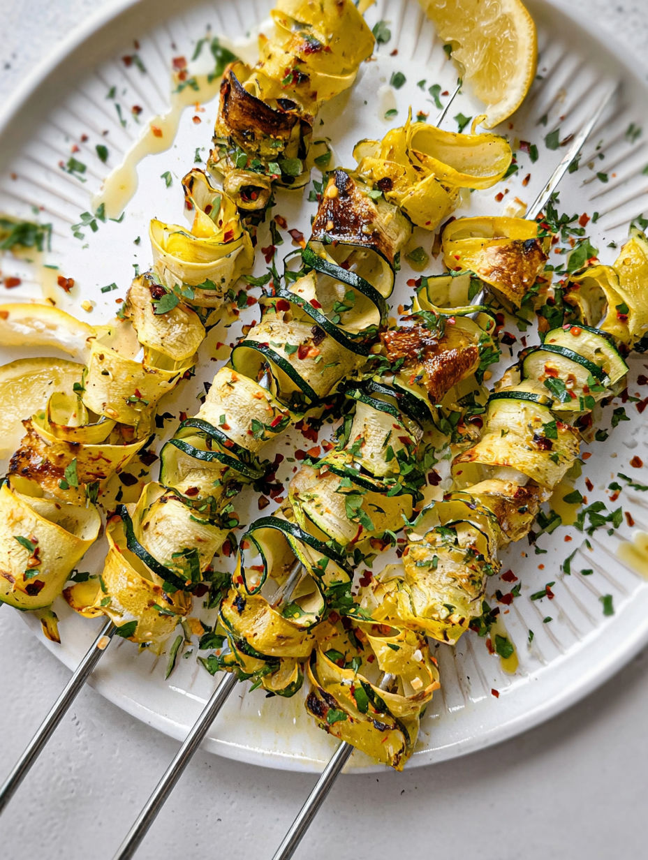 Zucchini Spieße auf Teller.