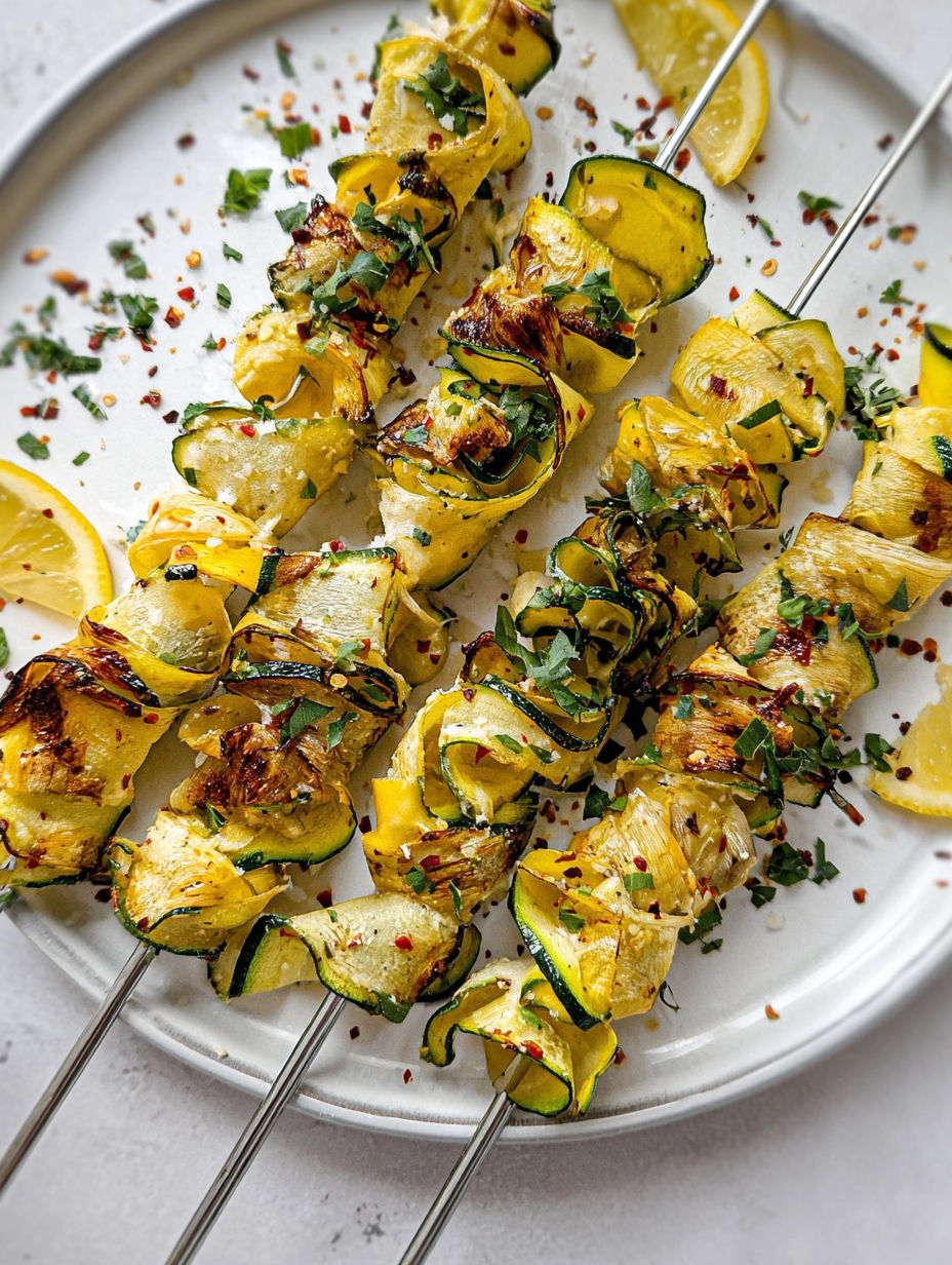 Zucchiniband-Spieße auf einem Teller.