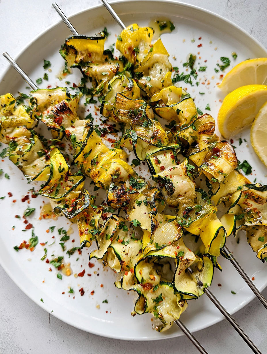 Zucchiniband-Spieße mit Zitronenspalten.