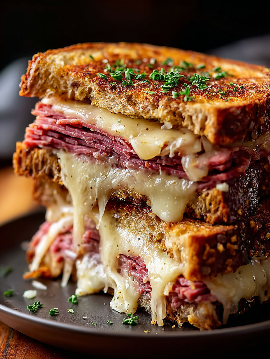 Drei Reuben Sandwiches aufeinander gestapelt.