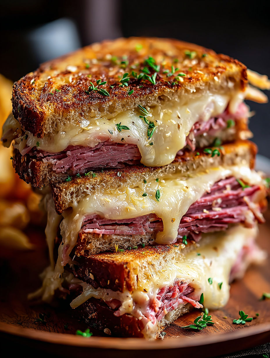 Drei aufgestapelte Reuben Sandwiches.