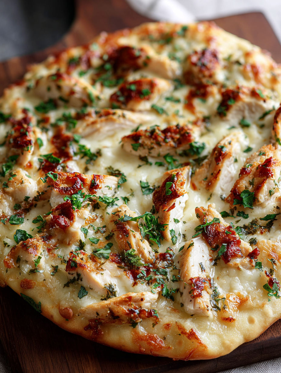 Pizza mit Hühnchen und Käse drauf.