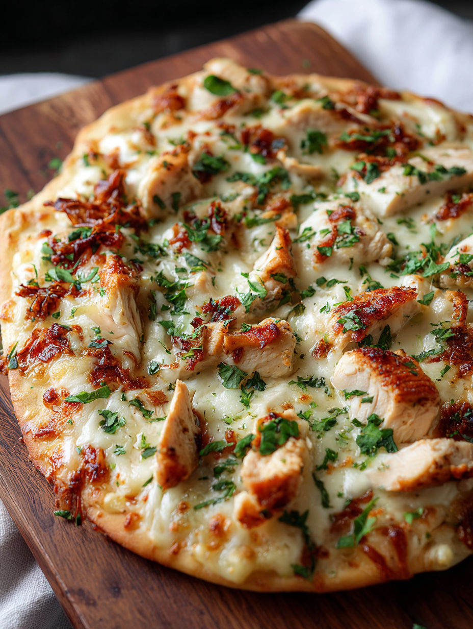 Ein Fladenbrot mit Hähnchen und Käse.