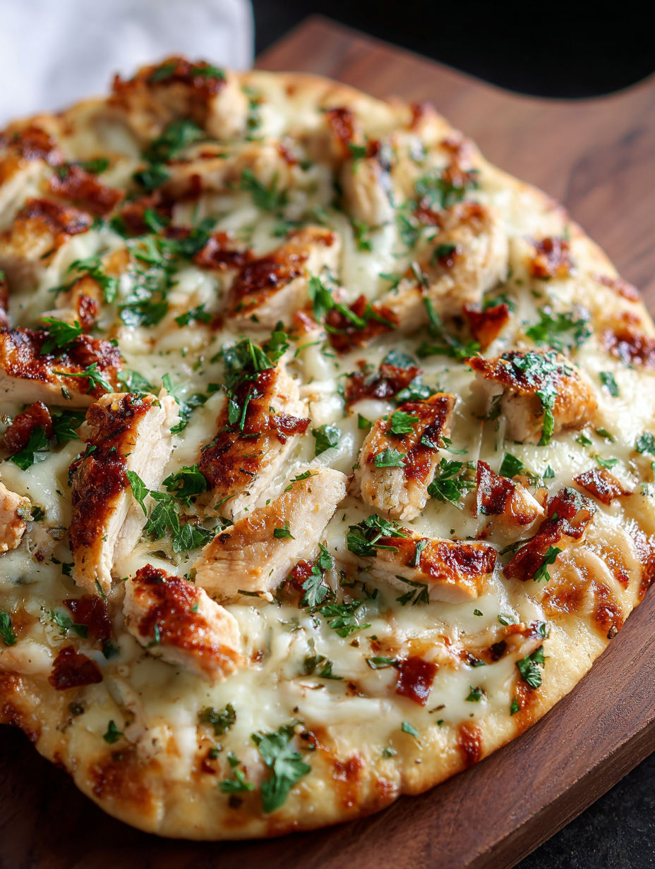 Eine Pizza mit Hähnchen und Käse.