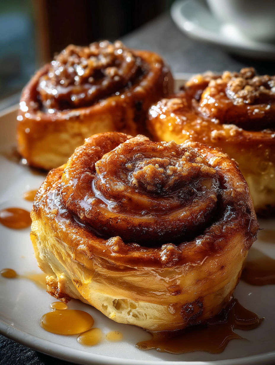 Drei fluffige Kaffee-Zimtschnecken auf einem Teller.