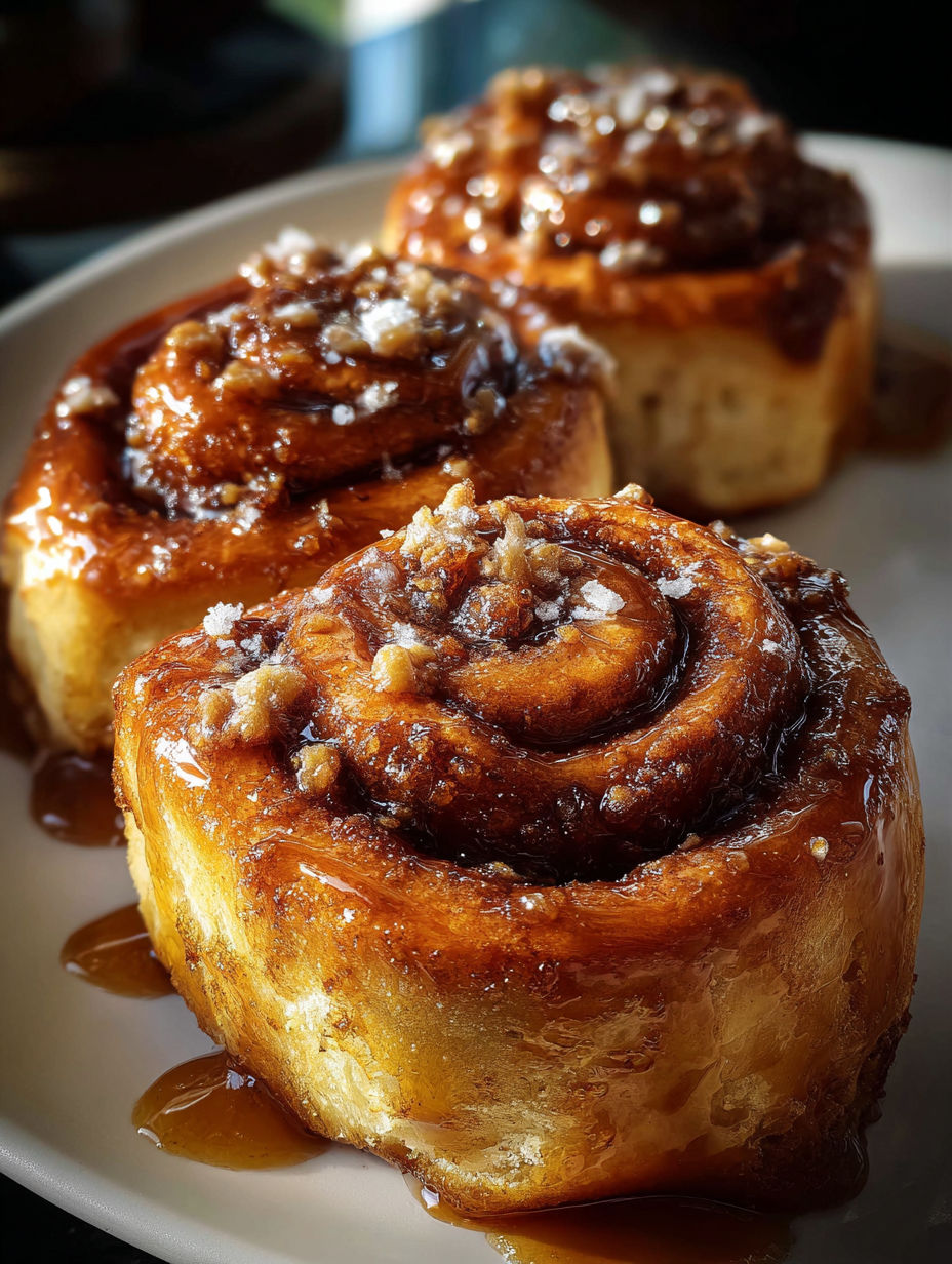 Drei lockere Kaffee-Zimtschnecken auf einem Teller.