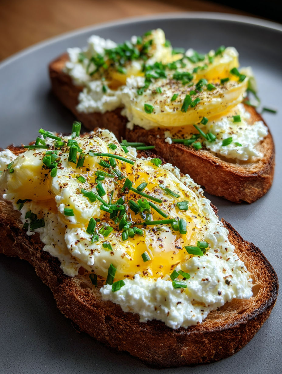 Zwei toastscheiben mit ricotta und ei obendrauf.