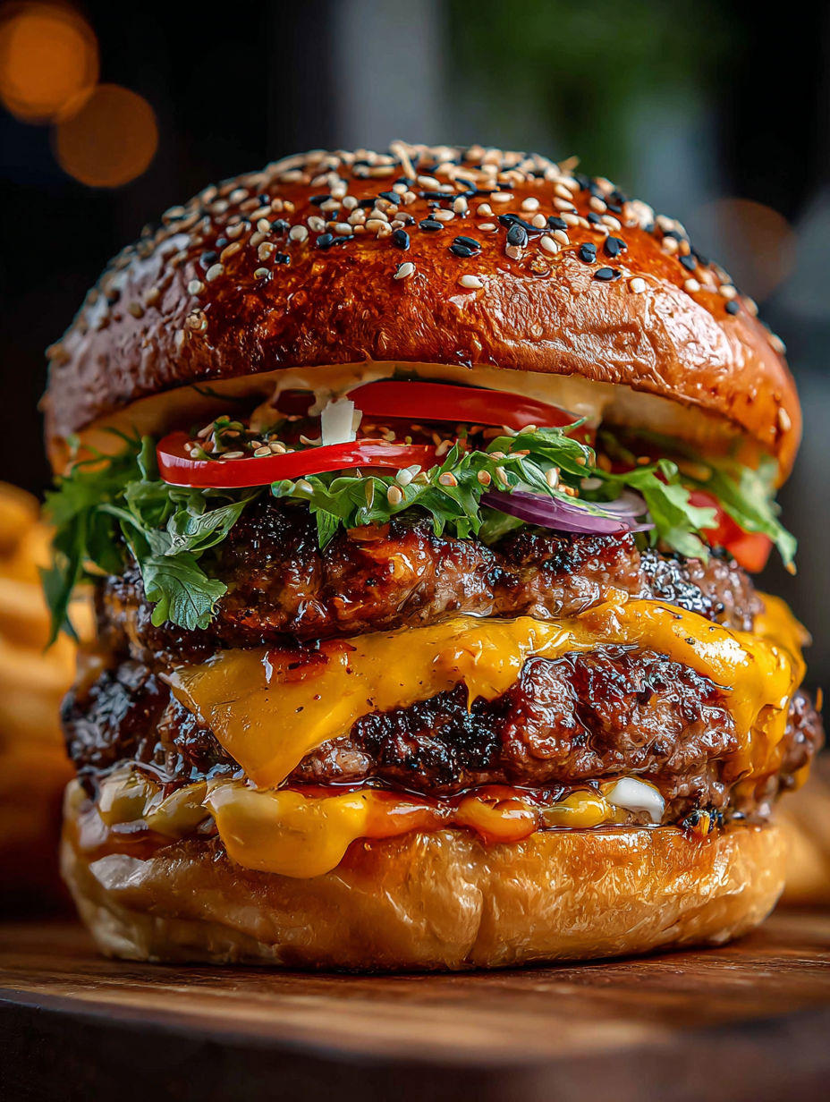 Nahaufnahme von einem Burger mit Salat, Tomate und Käse.