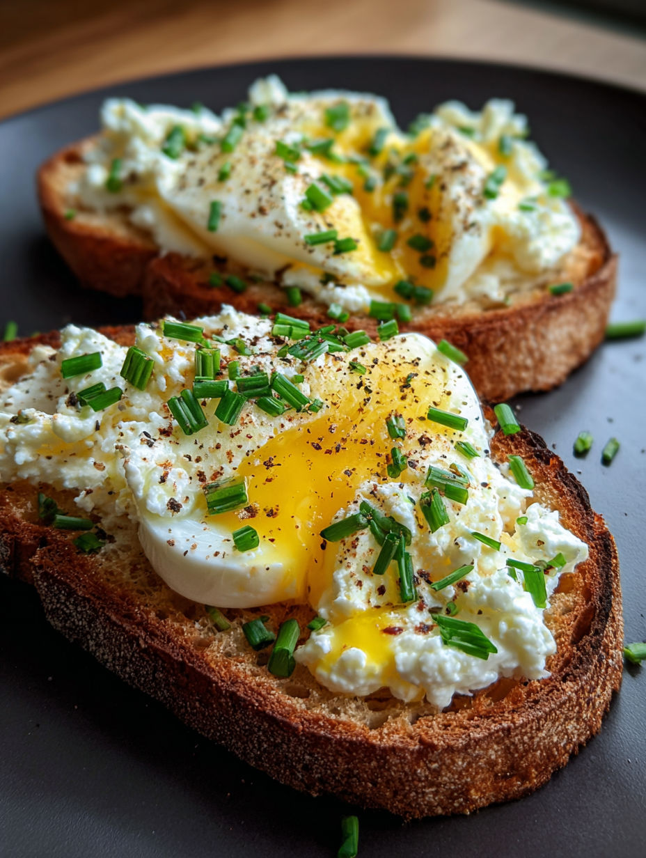 Zwei Toastscheiben mit Ricotta und Ei.