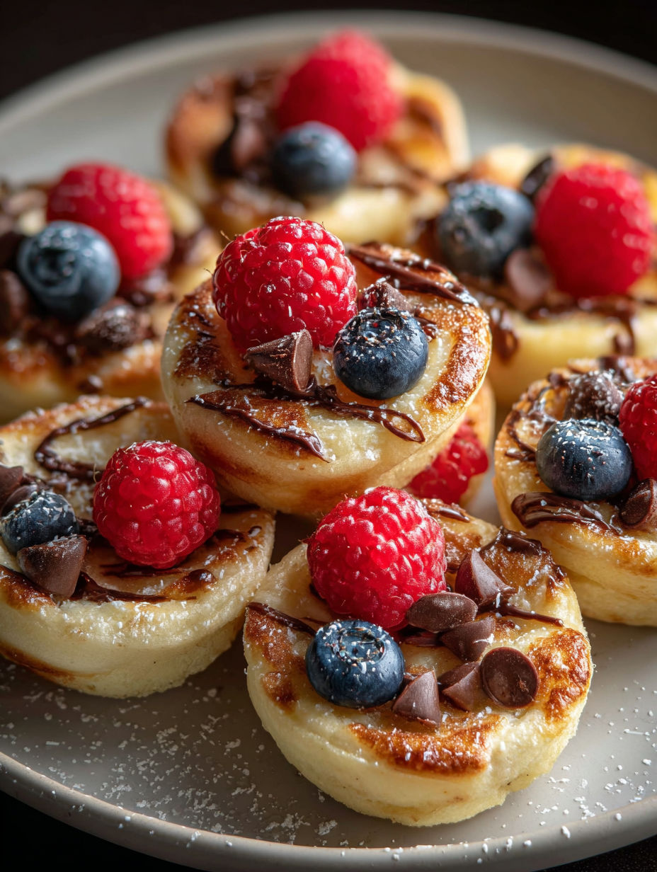 Ein Teller mit Pfannkuchenhäppchen, Himbeeren und Schokolade.