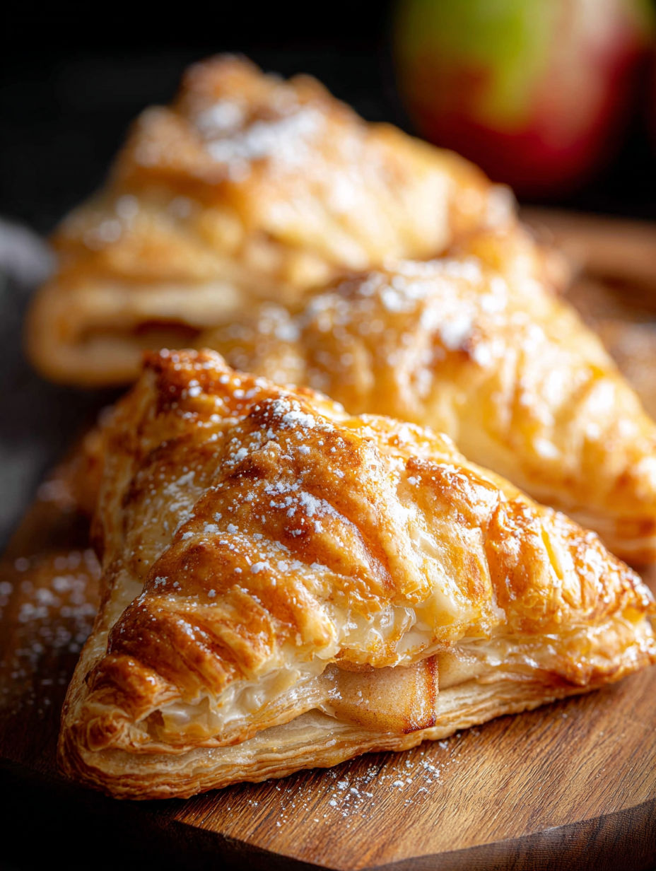 Drei Apfeltaschen aus Blätterteig auf einem Holztisch.